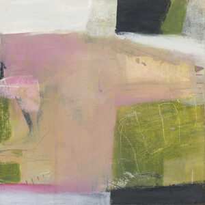 12x12 framed mixed media painting, sealed and waxed. The layers of old dress pattern beneath layers of pink and green evoke a nostalgic feeling, thus the title, Wistful.