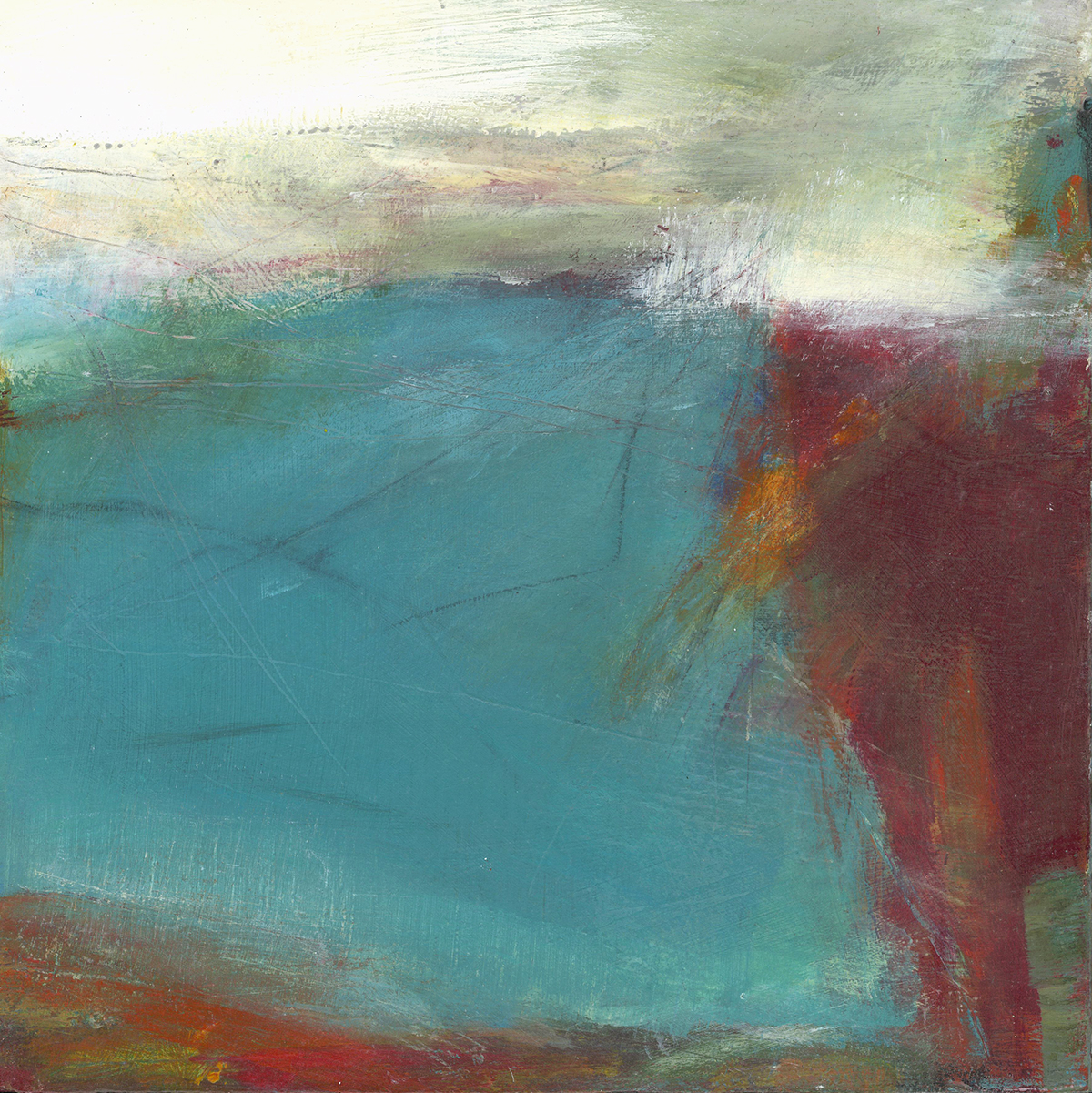 Turquoise and muted reds and orange make up this small but dramatic landscape.