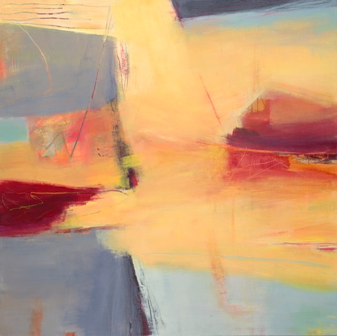 Yellow and grey painting with underlayers of pink, red and blue. Bold composition and strong lines.