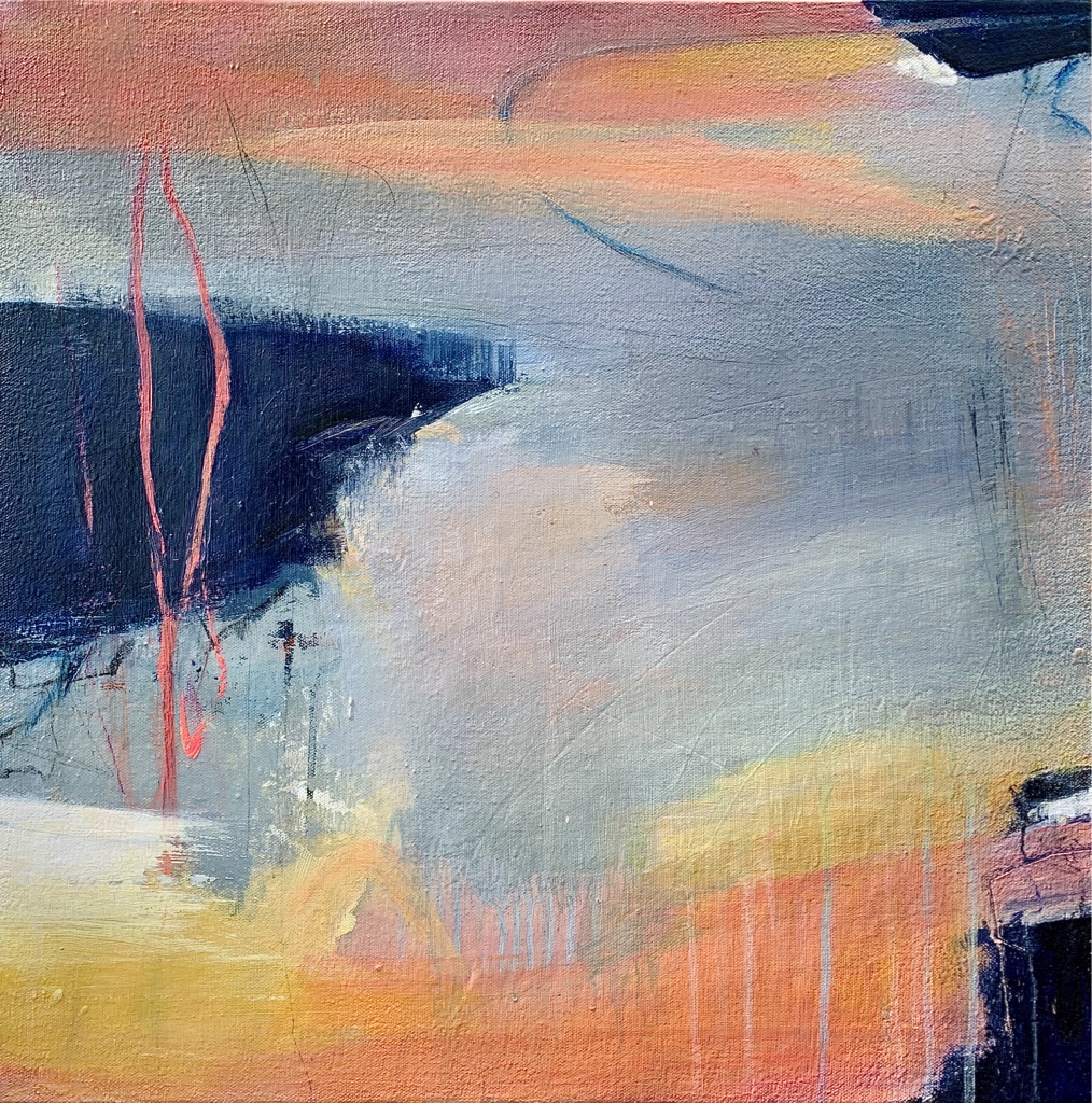 Dynamic pink, ochre and grey shapes create an abstract landscape that alludes to the light hiding just behind the darkness in any situation.