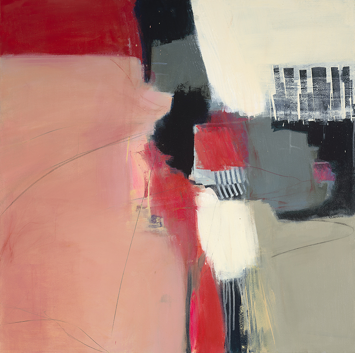 This painting is about contrasts. The large pink shape adjacent to the bold reds and black evoke Gregory Bateson's concept, news of a differenc.