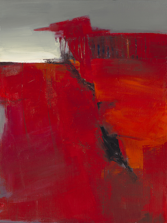 Many shades of red and grey make up this powerful painting. The composition evokes ancient ruins etched into the earth.