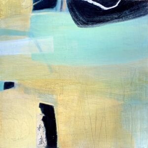 This 12x12 framed painting by Carol Jenkins immediatlely calls to mind an oasis because of the tawny sand colors and pale turquoise blue. The calligraphy pieces used as collage evoke a sense that spiritual thirst can be quenched as well as physical thirst.
