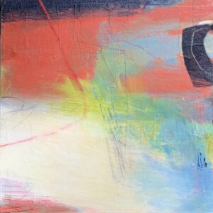This 12x12 mixed media painting in reds and blues with accents of black and green is by Carol Jenkins. It is called Winter Eclipse as a reminder that even when the light is obscured, it is always there.