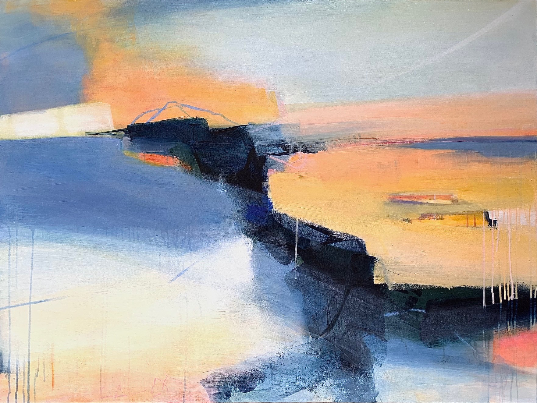 This striking abstract landscape painted with blues and yellows reminded me of the sweep of birds' wings.