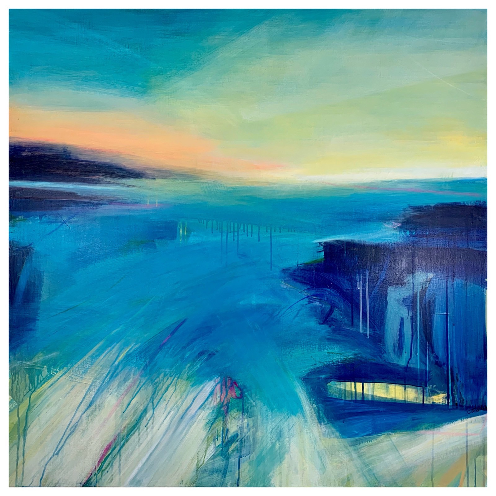 A large abstract seascape of blues, pink and yellow with layers of angled glazing and drips.