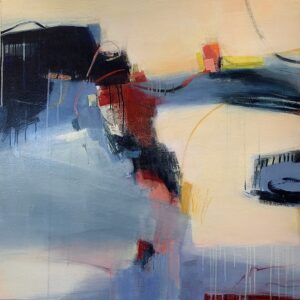 The sweeping fields of different tones of blue and the passages of intricate mark-making and collage create an abstract painting full of movement and energy.