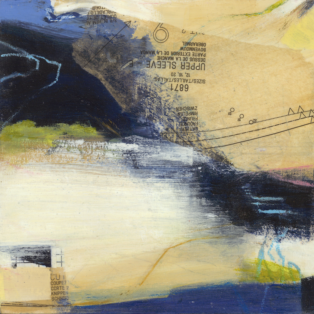 This blue and gold abstract lanscape is layered with collage pieces of old dress patterns.
