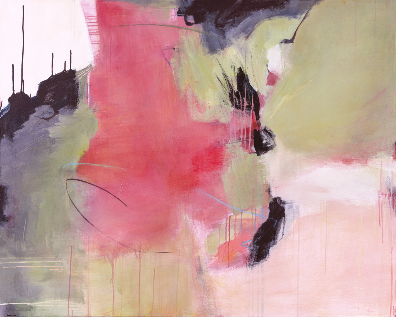 Carol Jenkins' large abstract painting with pink, red and sage greens.