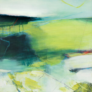 The blues and greens of this abstract landscape by Carol Jenkins give a sense of water dripping through branches and fresh leaves in Spring.