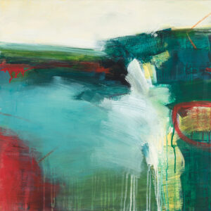 The dark red, green and turquoise shapes in Caro Jenkins' abstract landscape are disrupted by splashes of white. Dusk arrives at its own pace with bright spots and fiery red moments.
