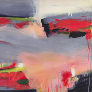 Carol Jenkins Confetti Sunset is an abstract landscape in greys, pinks and reds with strong diagonal movement.