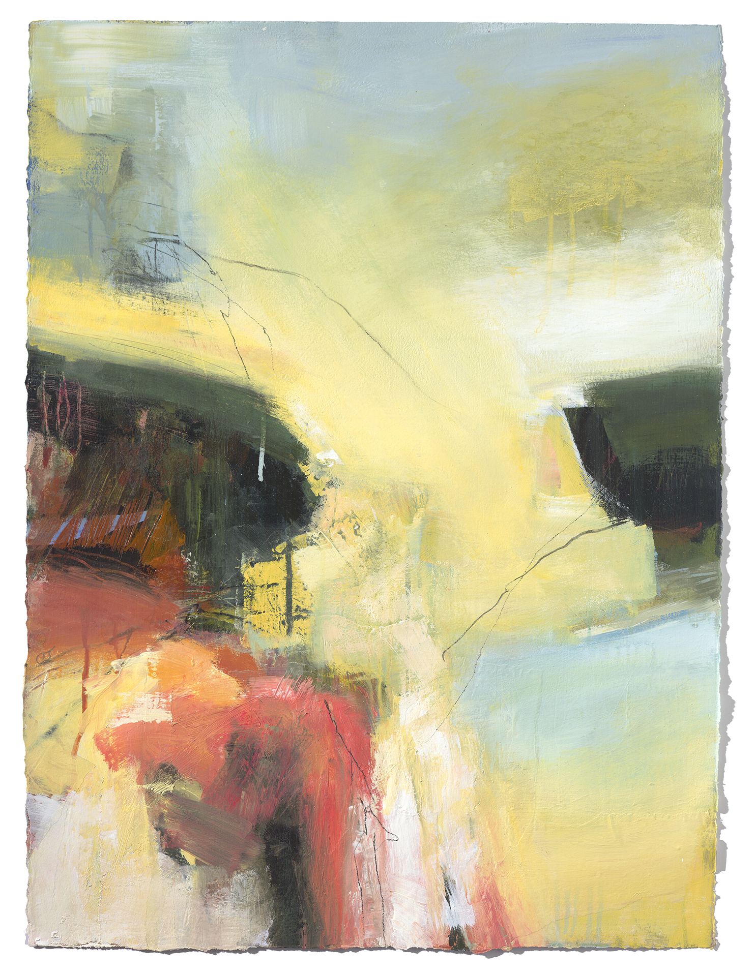 Carol Jenkins' abstract landscape is painted in yellows and warm reds, with a pale blue background.