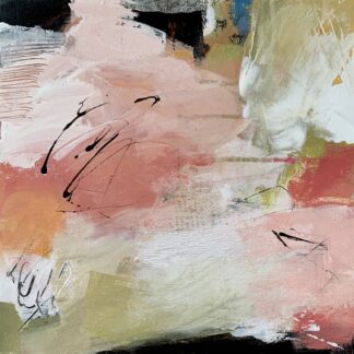 Areas of pink and pale green are punctuated by small black shapes and playful scribbles.