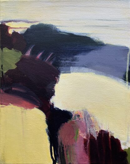Dark blues and crimson against a yellow background give the sense of a landscape in moonlight.
