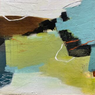 Turquoise, brown and gold green make up this abstract landscape.