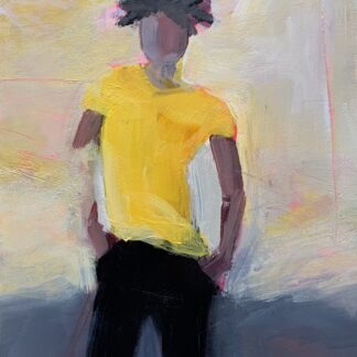 The female figure in this painting is in a bright yellow shirt over black pants against a light background. Her relaxed stance, the colors are all upbeat.