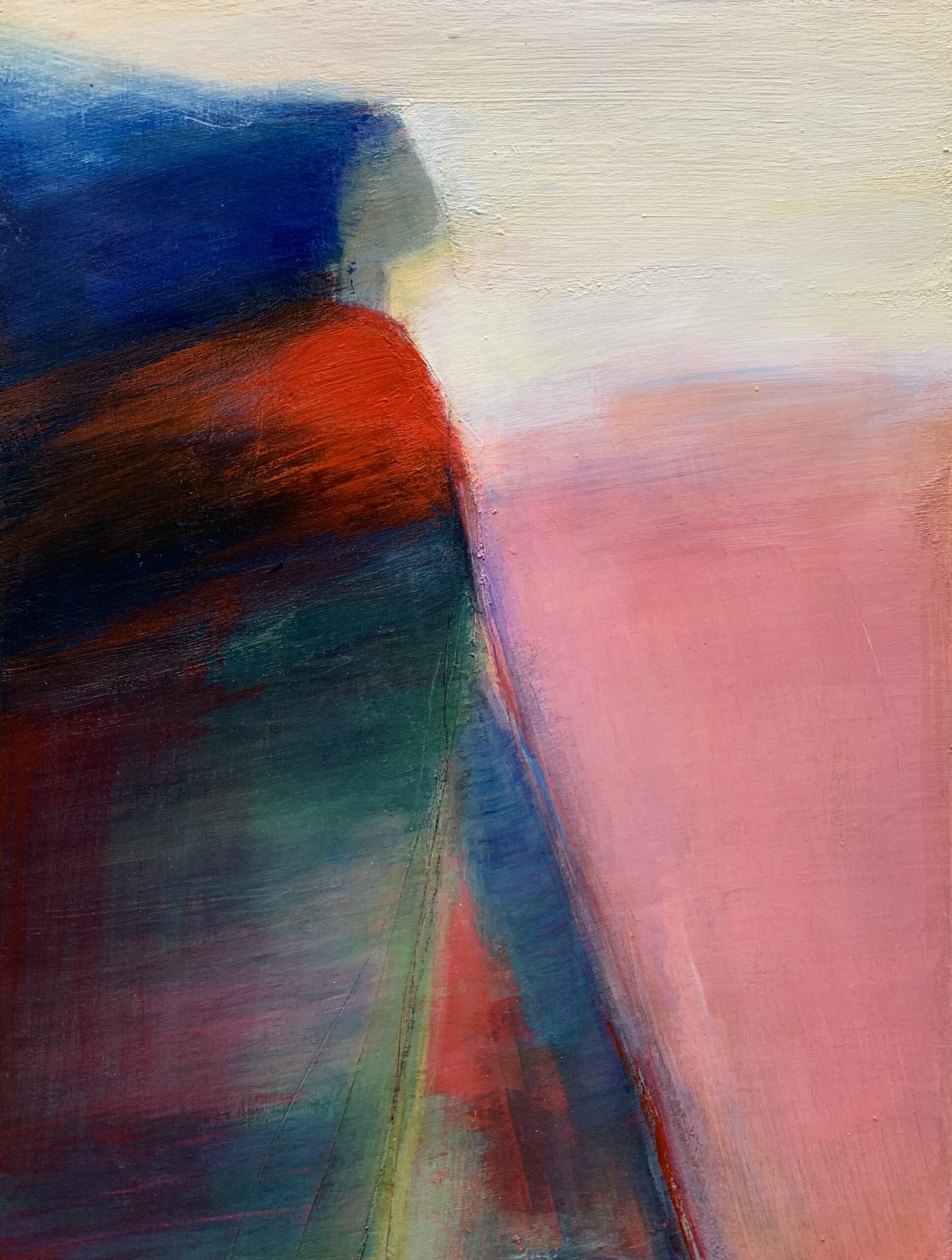 This abstract figure with streaming blue hair and a bright red chest is emerging from dark blues and pinks.