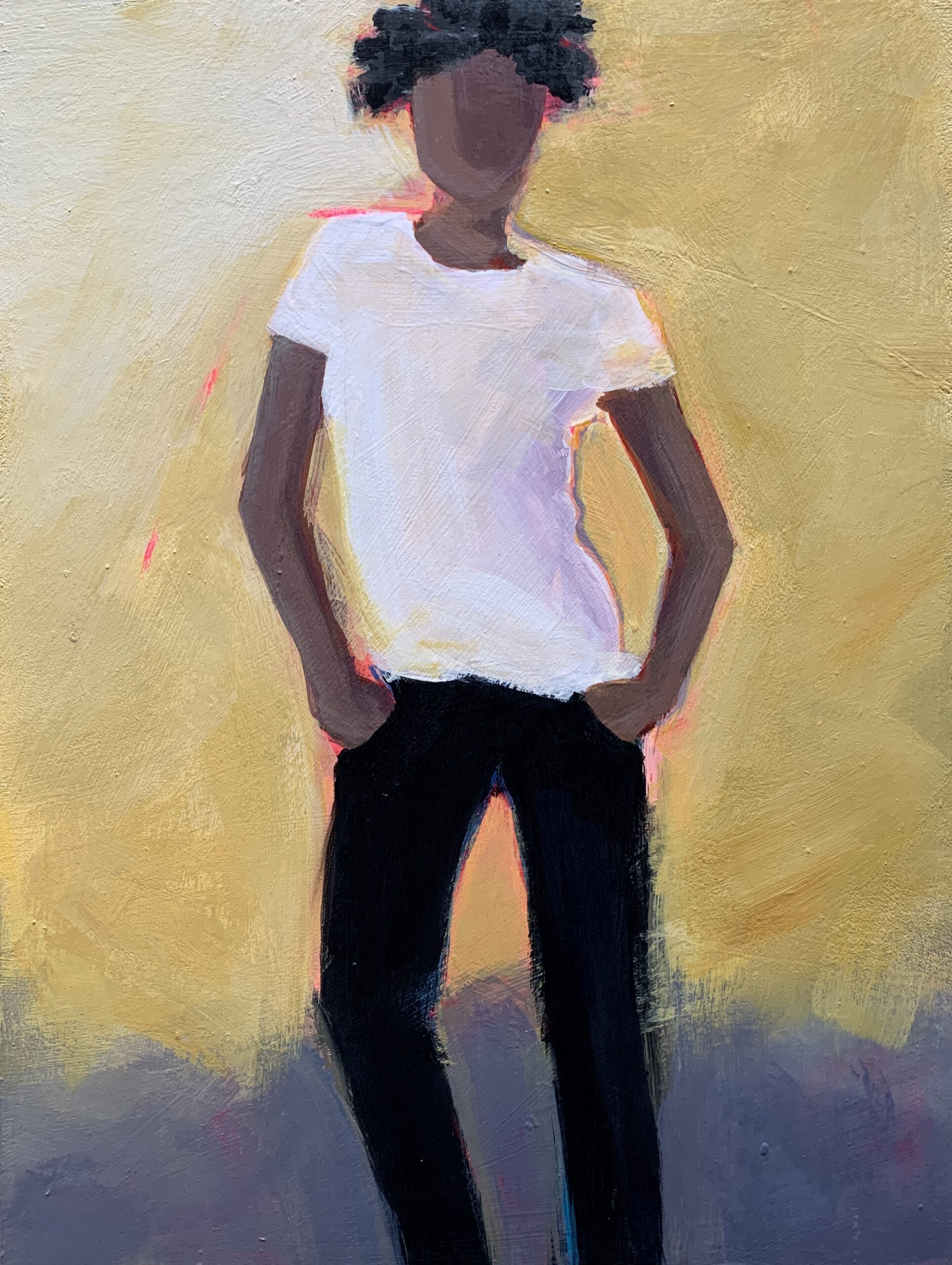 The white shirt on this figure is painted with many colors and stands out against the ochre background.