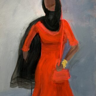This mysterious figure is wrapped in a gauzy black head scarf and is wearing a bright red dress.