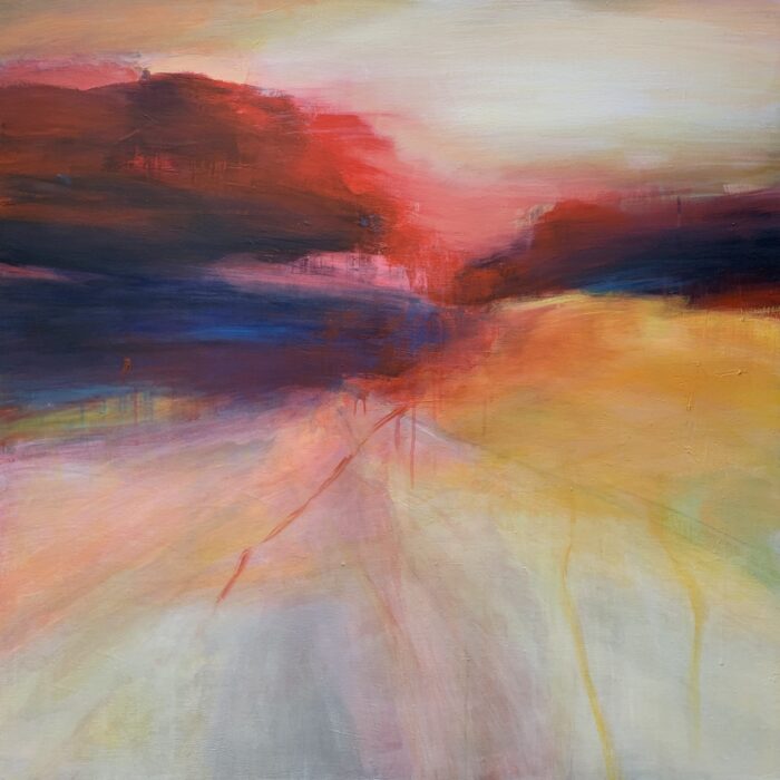 Dark reds and blue fade into a lighter background the way the night moves quietly into the day at dusk.