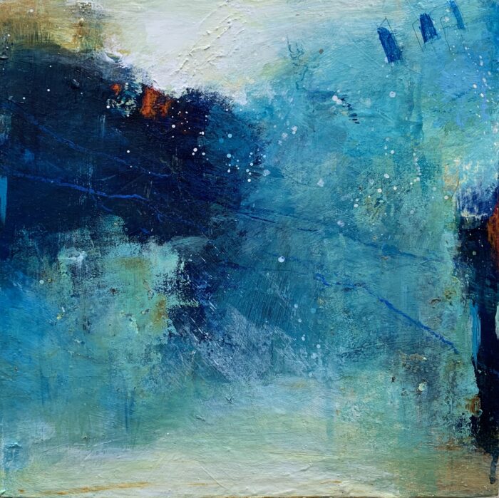 Blue and turquoise layers of fluid paint were used to create the feeling of moonlight reflected on moving water.
