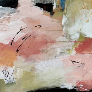 Areas of pink and pale green are punctuated by small black shapes and playful scribbles.